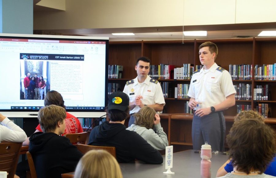 West Point students and Lovejoy alumni Jonah Barton and Mason Hutchins talk to students about the experience of West Point. Aside from the experiences, the two also talked about the expectations of the school. 
