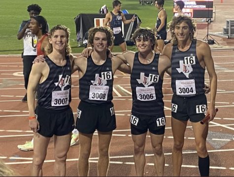 Seniors Matt Murray, Jake Piccorillo, Riley McGowan, and Tate Barr pose for picture after running the distance medley at the Texas Relays.