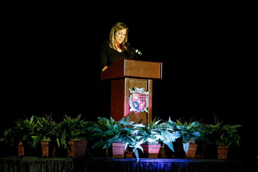 Michelle Wiesner, a professional actress, gives senior Griffin Peays eulogy in the memorial scene. Videos were made with pictures of Aidan Abramson and Peay to add to the memorial.
