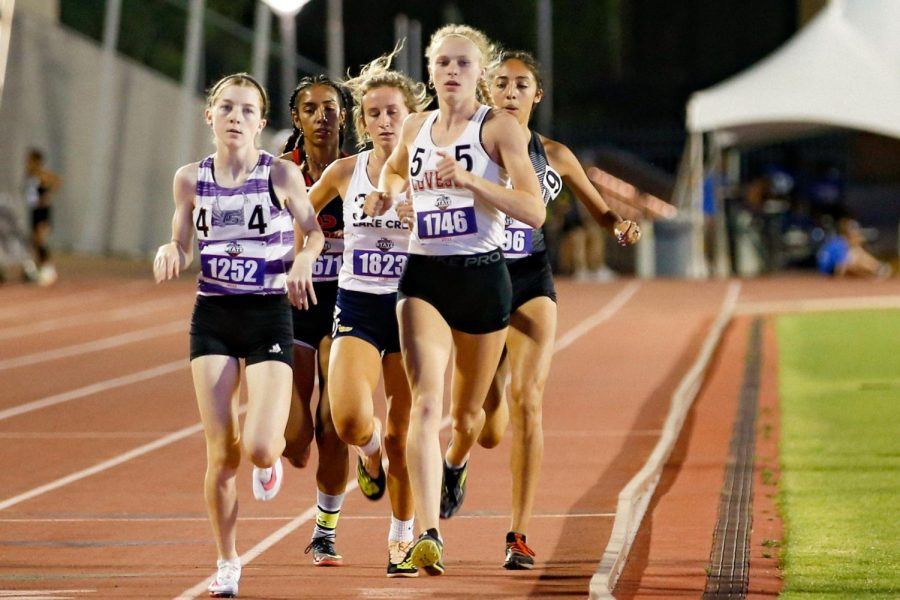 Sophomore Kailey Littlefield runs the 1600 meter race. Littlefield placed seventh with a time of 5:09.18.