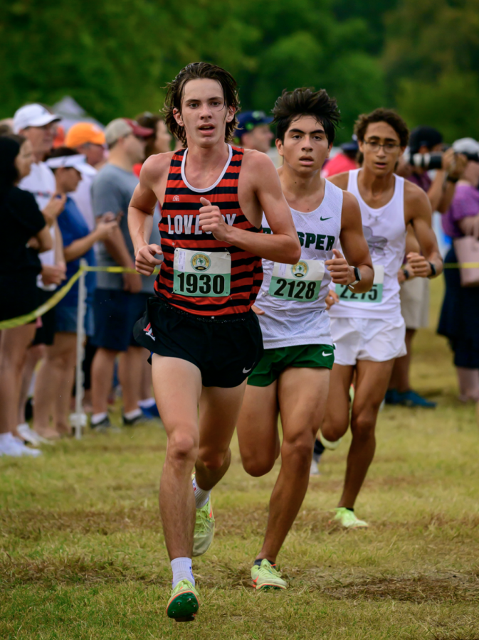 Senior Gage Larson sprints ahead of competition. The team participated in the invitational meet at Myers Park on Saturday.