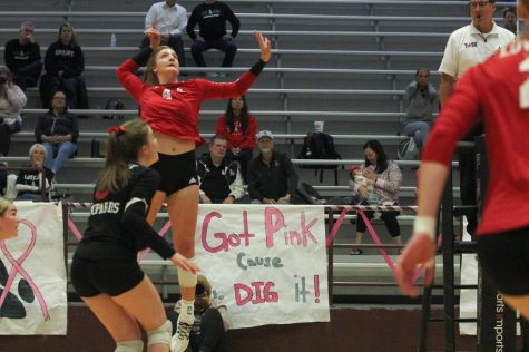Sophomore no.4 Anna Barr jumps up for a spike. volleyball ended their season last Friday to Wakeland 3-0.