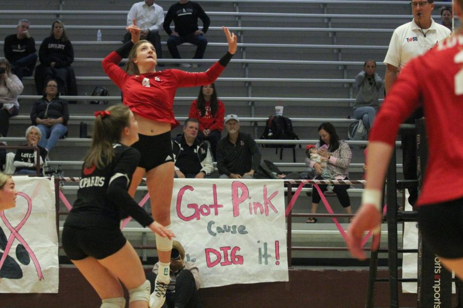 Sophomore+no.4+Anna+Barr+jumps+up+for+a+spike.+volleyball+ended+their+season+last+Friday+to+Wakeland+3-0.