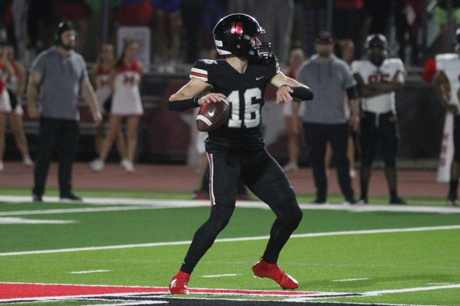Senior quarterback no. 16 Brayden Hagle prepares to pass the ball. Lovejoy lost to Melissa last Thursday.