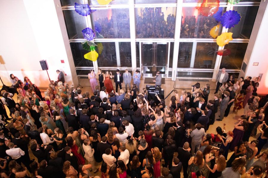 The prom group waits for the prom king and queen to be announced. The prom queen was Amanda Vandillen and the prom king was Mark Bowling.  