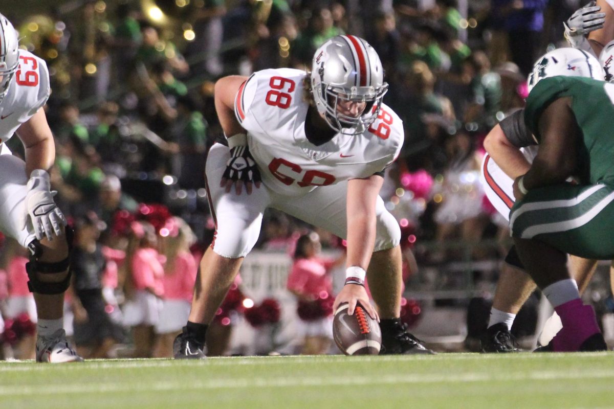 Junior no. 68 Kaden Gregory gets ready to start the play. The epards scored 7 touchdowns.