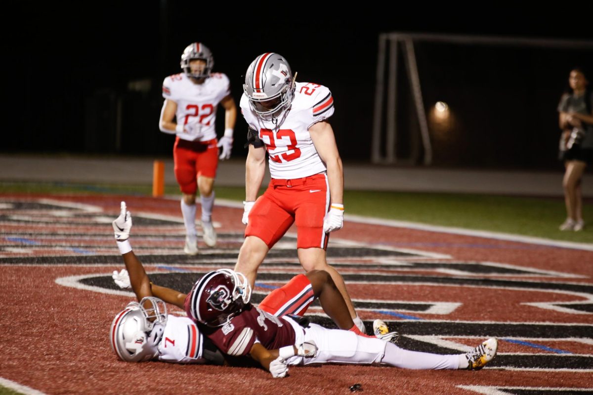 Junior linebacker no. 23 Owen Magee tackles a Princeton player in the endzone.  Lovejoy is 3-0 in the district season. 