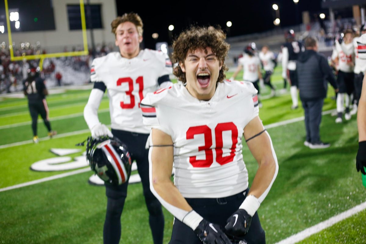 Senior linebacker no. 30 Wes Hightower celebrates the win. The Leopards will play at home this friday against Pine Tree high school for the Bi-district championship. 