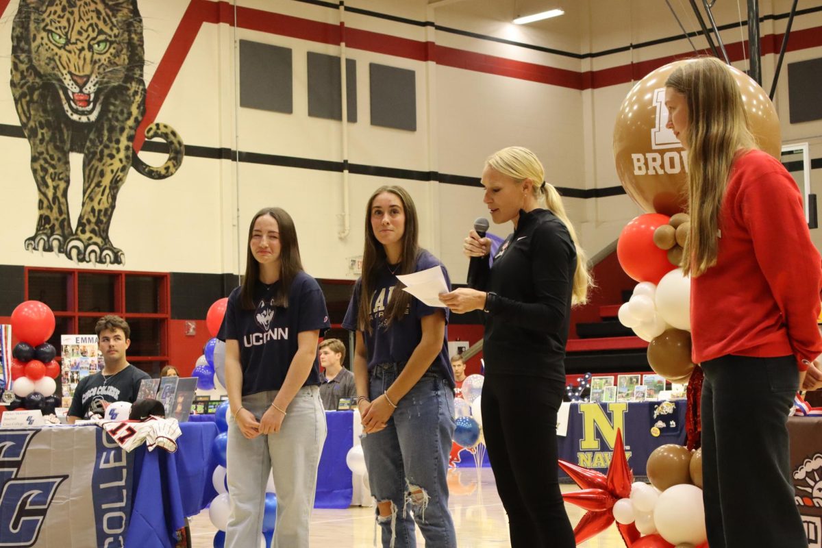 Seniors Mckenzie Quigley, Ava Palazzolo, and Emersyn Runions are recognized by coach Carly Littlefield. Quigly is signing with the Naval Academy to play Lacrosse, Palazzolo is signing with the University of Connecticut for Lacrosse, and Runions is signing with Cornell University for fencing.