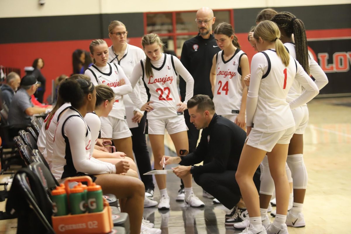 Girls basketball huddles around their coach. They went 13-1 this season.